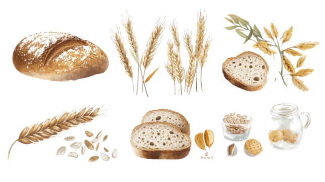 Collection of Organic Wheat and Bread Symbols Generative AI