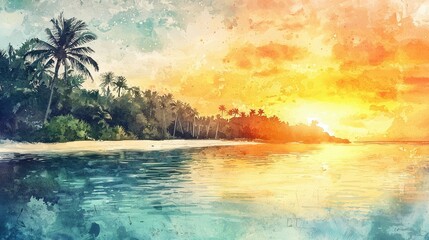 Vibrant Sunset Over Tropical Beach with Palm Trees and Calm Water