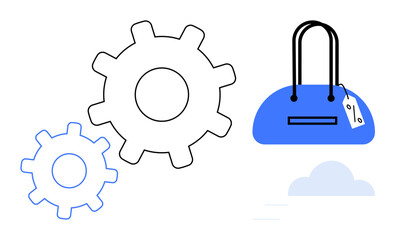 Two interlocking gears paired with a shopping bag featuring a price tag, symbolizing the intersection of technology and commerce. Ideal for technology integration, retail automation, online shopping