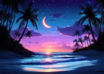 Tropical Beach at Twilight with Crescent Moon and Silhouetted Palm Trees by the Ocean