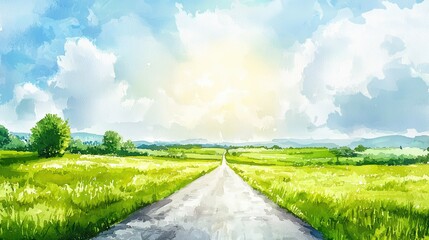 Serene Landscape with Open Road and Lush Green Fields Under Sky