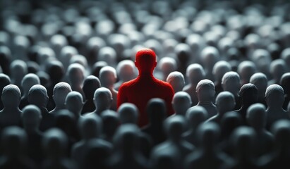 Obraz premium Standing Out from the Crowd Concept Individuality Leadership Success Distinction Red Figure White Silhouettes