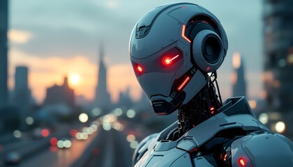 Fototapeta premium Futuristic Robot in City Sunset Scenery