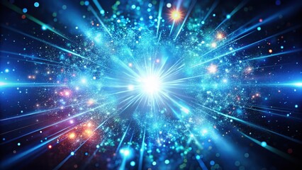 Sparkling blue particles exploding in mid-air, with a burst of colorful energy surrounding them, energized, glowing