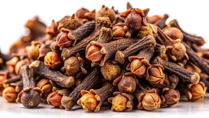 Obraz premium Closeup of Dried Cloves Isolated on White Background - Aromatic Spice, Culinary Ingredient, Natural Flavor Enhancer for Cooking, Baking, and Health Remedies
