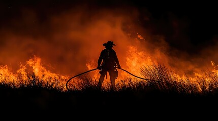 Obraz premium Brave Firefighter Silhouetted Against Dramatic Flames at Night
