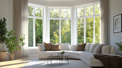 Fototapeta premium Sunny bay window living room, modern sectional sofa, green garden view, relaxing home interior