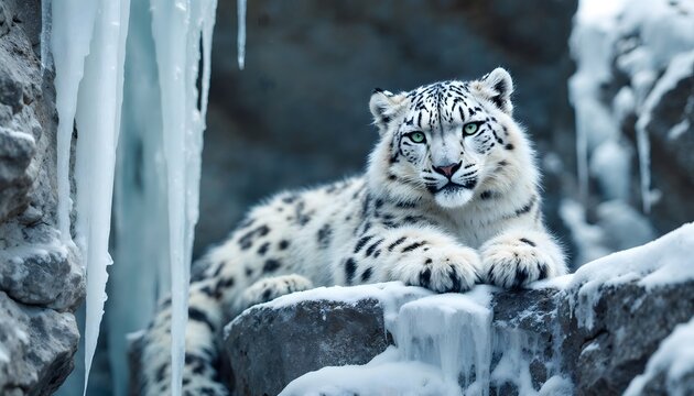 Majestic Snow Leopard in Winter Wonderland Landscape - Powered by Adobe