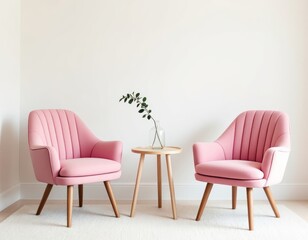 Pair of blush pink armchairs with a minimal side table against a blank backdrop