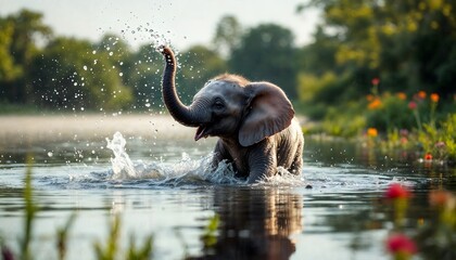 Playful Baby Elephant Splashing in Water