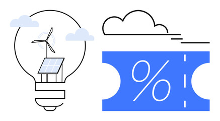 Light bulb containing wind turbine and solar panel, blue discount coupon with percentage sign, clouds. Ideal for renewable energy, discounts, eco-friendly, energy saving, sustainability, green