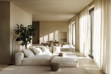 Fototapeta premium Modern bright living room with white furniture and large windows