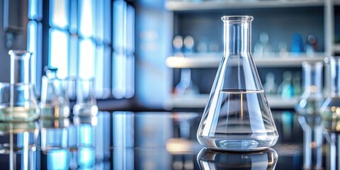 A transparent empty chemistry flask with a cylindrical shape and a narrow neck on a laboratory table , laboratory equipment, chemical container