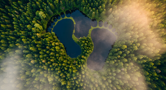 Aerial View of a Footprint Shaped Lake in a Lush Green Forest, a Stunning Natural Wonder
