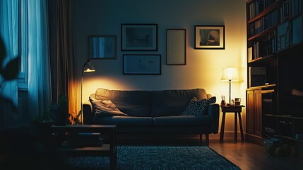 Cozy Evening Living Room with Warm Light and Minimalist Decor
