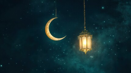 Ethereal Night Sky with Hanging Lantern and Crescent Moon Light