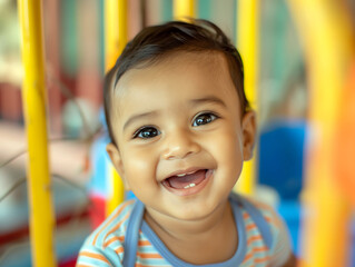 close-up portrait of a smiling baby in a colorful play area