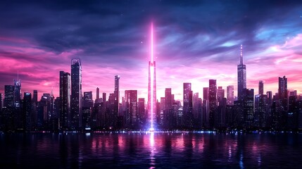 Obraz premium Futuristic city skyline, beam of light, sunrise, reflection, cityscape, sci-fi concept art