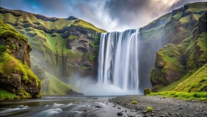 Fototapeta premium Famous Skogafoss Waterfall at South Iceland, misty veil of water cascades down rocky cliff
