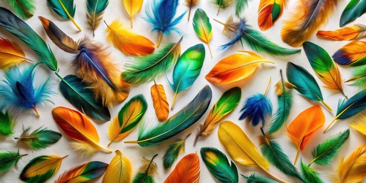 A vibrant collection of colorful bird feathers arranged on a light background, showcasing a spectrum of hues and textures, creating a visually appealing and artistic composition.