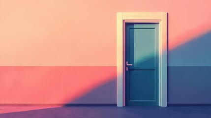 Colorful Door on a Minimalist Wall with Shadows and Light Effects