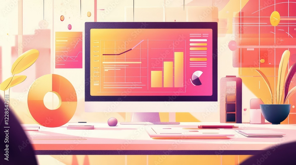 Poster modern workspace with colorful data visualization on computer screen