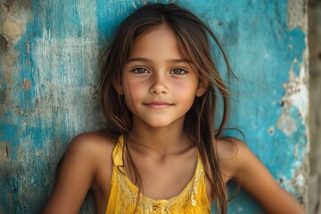 Fototapeta premium Portrait of a smiling girl in a colorful sundress outdoors