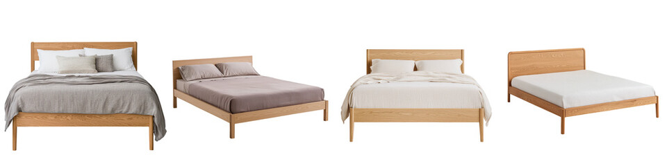 Showcasing a collection of stylish and cozy minimalist bedroom designs featuring wooden bed frames  neutral color palettes  and clean