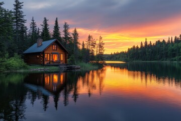 Obraz premium Wooden lakeside cabin reflecting on calm water at sunset