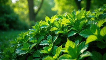 Obraz premium Lush green bush, vibrant foliage, sunlight dappled , growth, vibrant