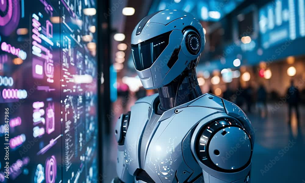 Aufkleber Robot reviewing data screen in futuristic hall
