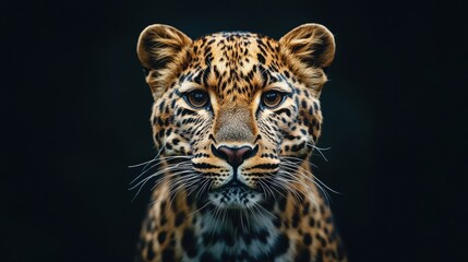 Obraz premium Majestic leopard portrait wildlife sanctuary animal dark environment close-up view