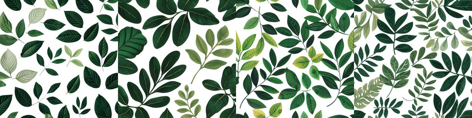 Lush and verdant arrangement of various green leaves foliage and botanical elements forming a vibrant and textured natural background pattern  This image could be used for design wallpaper