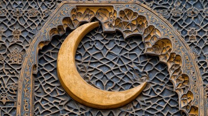 Obraz premium Golden Crescent Moon Decoration on Intricate Stonework Design