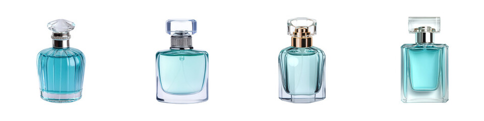 Fototapeta premium A visually striking arrangement of various high end designer perfume or fragrance bottles showcased in a sophisticated and elegant manner