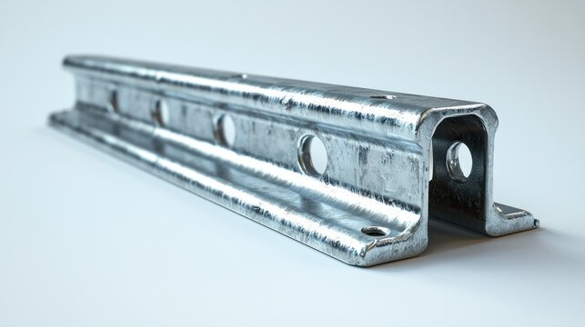 Galvanized steel strut channel section on white background for construction