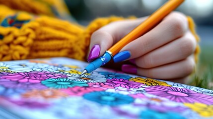 Naklejka premium Close-up of woman's hand coloring a floral design in an adult coloring book.