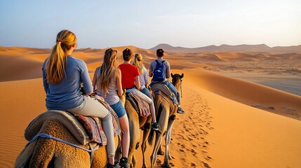 Five individuals riding camels in a desert landscape, with dunes extending into the horizon