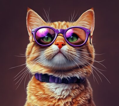 Cute portrait of ginger cat with purple sunglasses and green eyes against gradient background - Powered by Adobe