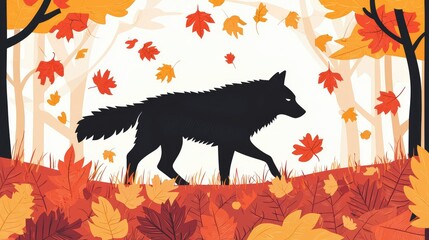 Silhouette of a Wolf Walking Through Autumn Leaves in Forest Scene