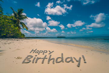 A vivid image of 'Happy Birthday!' A sunny, written in the sand on the beach.