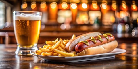 A juicy hotdog being bitten into by a plate of crispy fries and a cold beer, with a blurred background of a sports bar or pub scene , best friends, hotdog