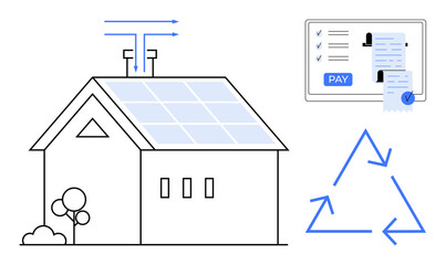Fototapeta premium House with solar panels, digital receipt on a tablet screen, and recycling symbol. Ideal for renewable energy, eco-friendly living, technology integration, paperless billing, sustainability, modern