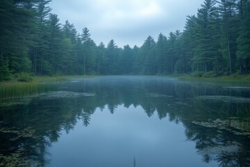 Tranquil lake surrounded by forest in soft sunlight
