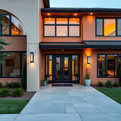 Fototapeta premium Modern Luxury Home Exterior at Dusk: Contemporary Architecture and Design