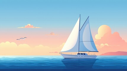 Naklejka premium Tranquil Sailing Scene with Elegant Yacht against a Sunset Horizon