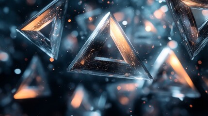 Glowing Glass Triangles Falling Through Space
