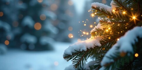 Sparkling golden garland on a snowy pine branch, sparkles, golden ornaments, snowy scenery