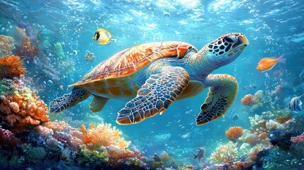 Obraz premium Colorful Sea Turtle Swimming Among Coral Reefs and Tropical Fish