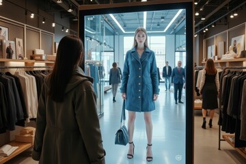 Woman Viewing Digital Clothing Display In Modern Boutique Store